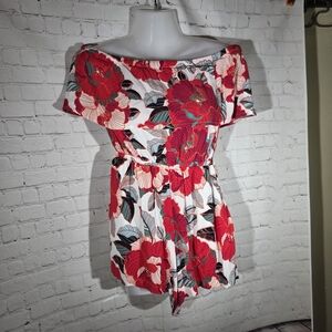cupcakes and cashmere Cadrian Red Floral Off The Shoulder Romper S